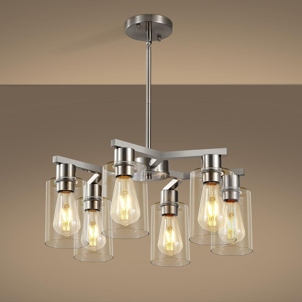 6-Light Farmhouse Brushed Nickel Chandelier,Modern Chandeliers for Dining Room Light Fixture Over Table,Adjustable Hanging Industrial Rustic Pendant Lights Kitchen Island Light with Clear Glass Shade