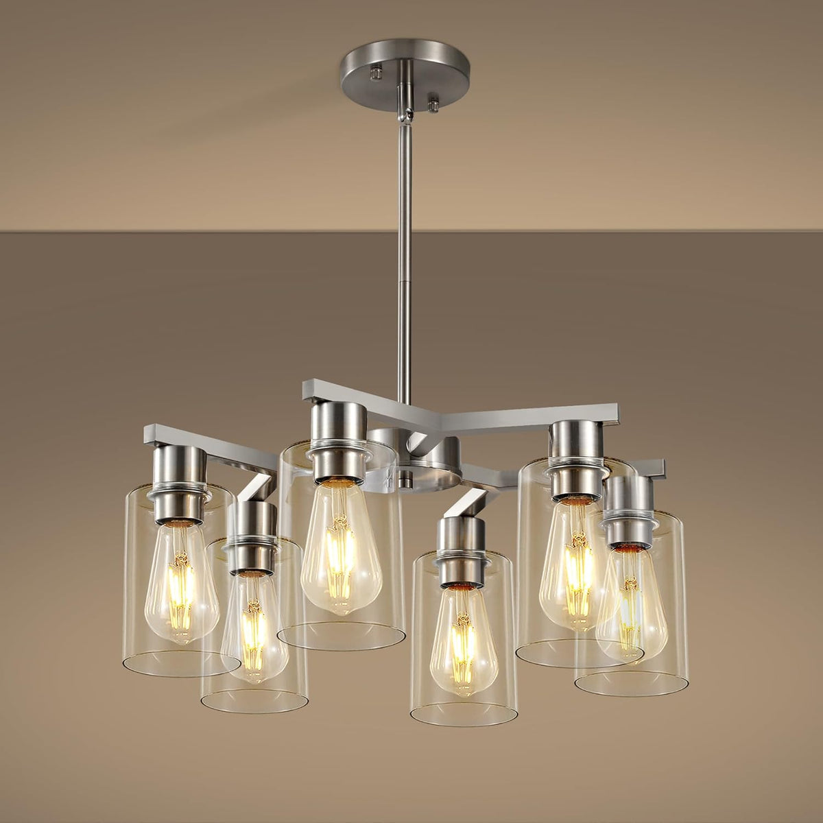 6-Light Farmhouse Brushed Nickel Chandelier,Modern Chandeliers for Dining Room Light Fixture Over Table,Adjustable Hanging Industrial Rustic Pendant Lights Kitchen Island Light with Clear Glass Shade