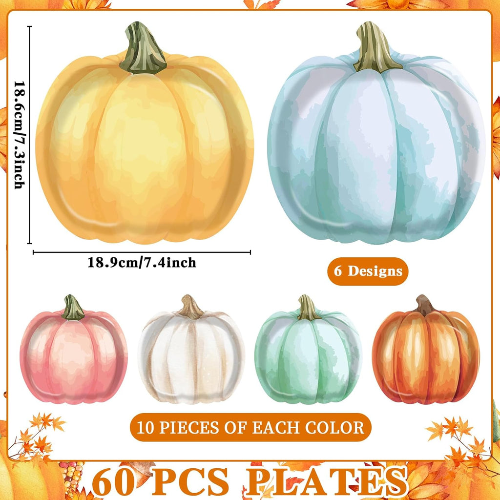60Pcs Thanksgiving Pumpkin Paper Plates Autumn Fall Party Decoration Tableware Set Watercolor Disposable Dinnerware Pumpkin Shaped Dessert Dish for Harvest Halloween Birthday Baby Shower Supplies