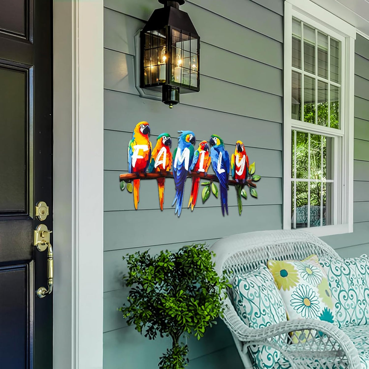 ULENDIS Metal Parrot Wall Art, Birds on Branch Wall Decor Family Sign for Front Door, Wall Hanging Decoration for Garden Living Room Balcony Patio Indoor Outdoor