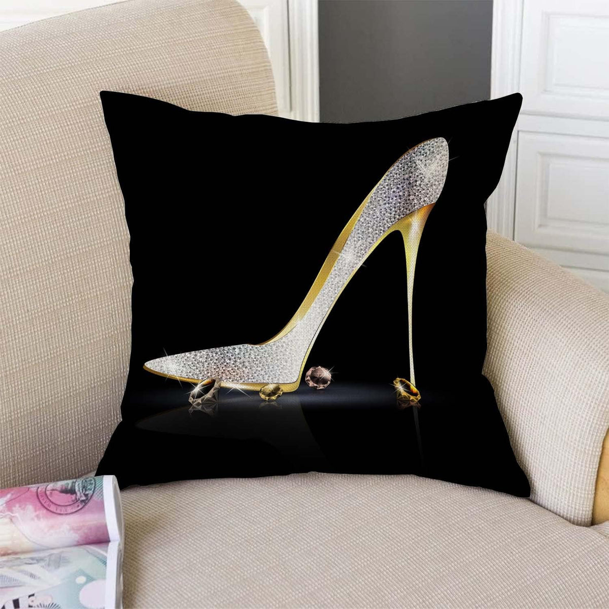 TSSOHU Square Decorative Throw Pillow Case Cushion Cover,Fashion Lady High Heel Shoe with Diamonds Soft Pillowcase 18x18 inch (No Glitter)