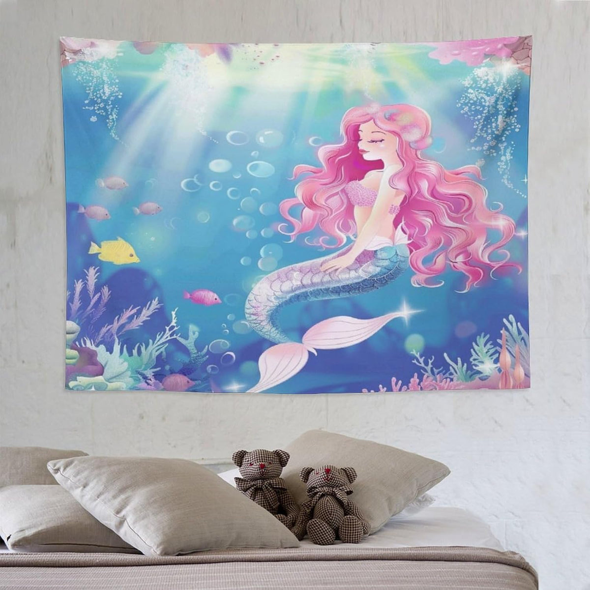 HZOHNAGO Mermaid Girls Tapestry Watercolor Mermaid Princess Pink Hair Pattern for Kids Room Decoration Printed Wall Tapestry Wall Hanging for Bedroom Living Room Dorm 80" W x 60" H