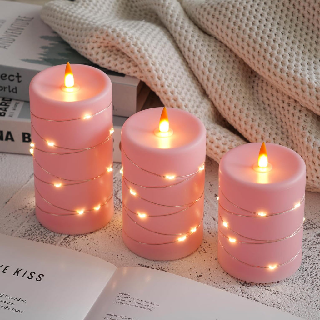 Rose Pink Flameless Candles with String Lights Battery Operated Flickering LED Pillar Candles 4‘’ 5‘’ 6‘’ Candle with Remote Control, Set of 3