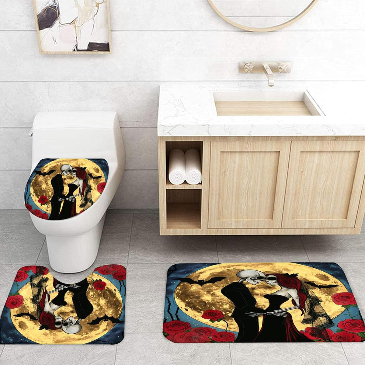 NEWSUYAA Halloween Decorations Shower Curtain Set with Non-Slip Rugs and Bath Mats,Black Skull Skeleton Bathtub Curtains with 12 Hooks,All Saints'Day (Nov 1st) Bathroom Decor