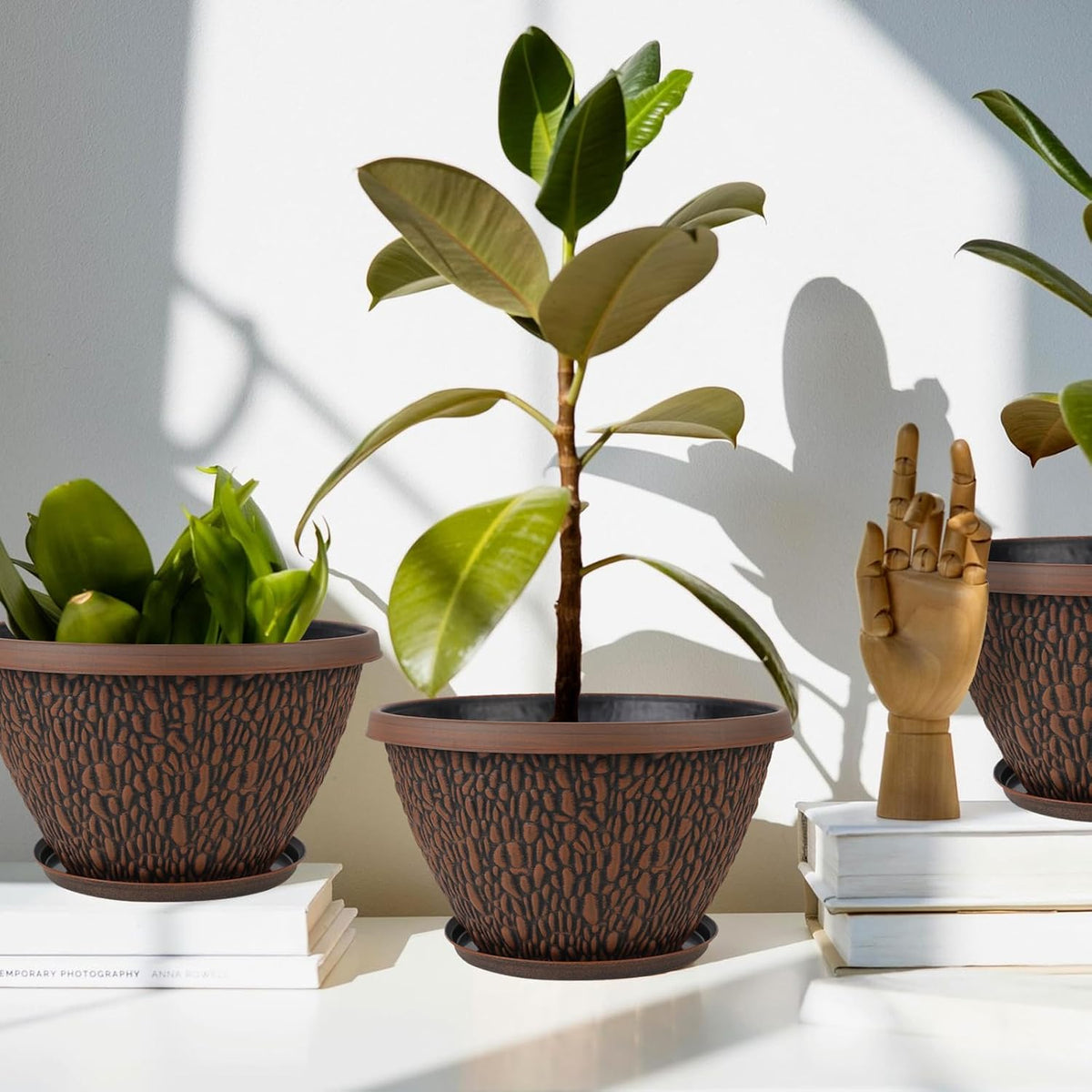 4 Pack Plant Pots Outdoor Indoor, 8 Inch Small Flower Pots with Drainage Hole & Tray, Thickened Plastic Outdoor Planters for Garden House Decor - Pebbles Pattern Design