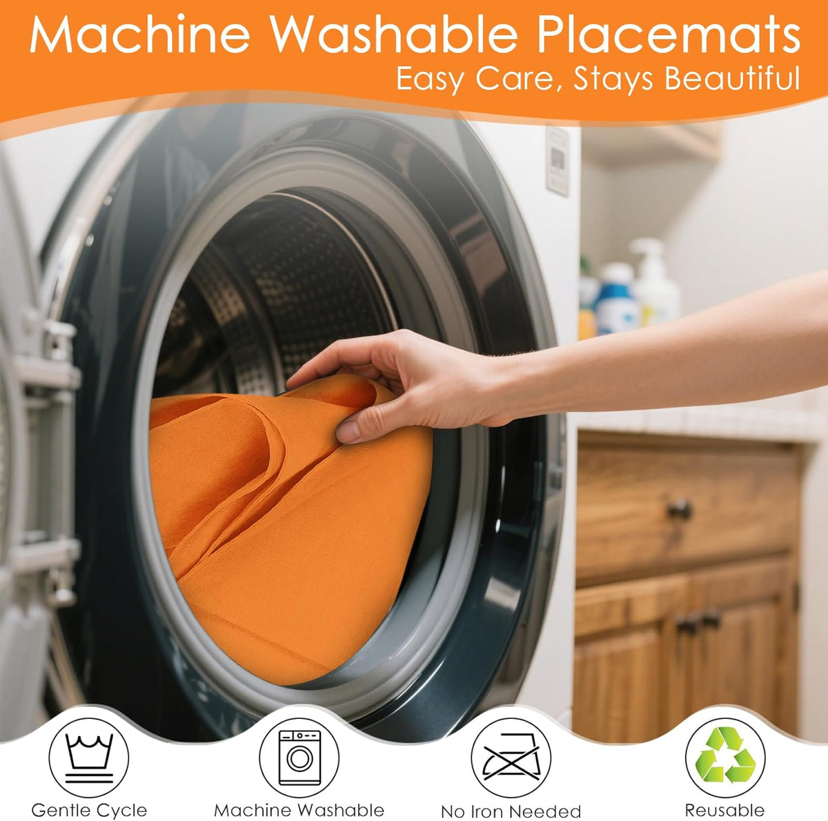 MANSPHIL Orange Cloth Placemats Set of 4, Washable Thick Faux Linen Place Mats Heat Resistant Double Layer Table Mats for Dining Kitchen, 13x19 Inch