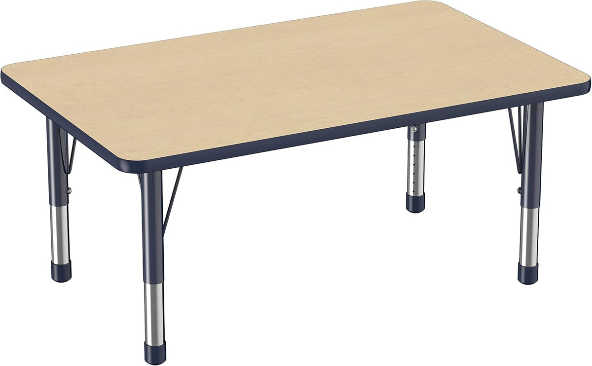 FDP Rectangle Activity School and Classroom Kids Table (30 x 48 inch), Chunky Toddler Legs, Adjustable Height 15-24 inches - Maple Top and Navy Edge