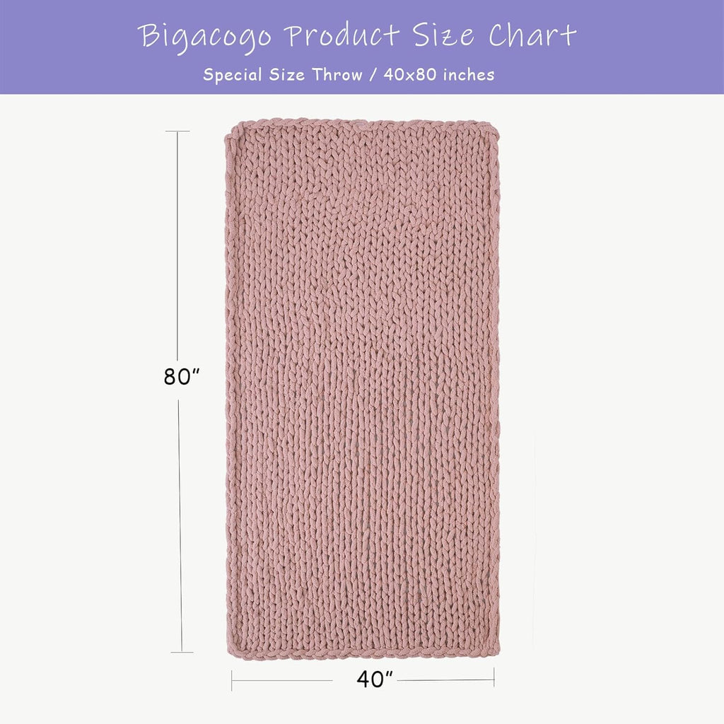 Bigacogo Chunky Knit Throw Blanket for Couch, 40x80 inches, 100% Hand Knitted with Thick Jumbo Chenille Yarn, Cozy Soft Large Rope Knot Cable Crochet Blankets for Sofa Bed Living Room, Dusty Pink