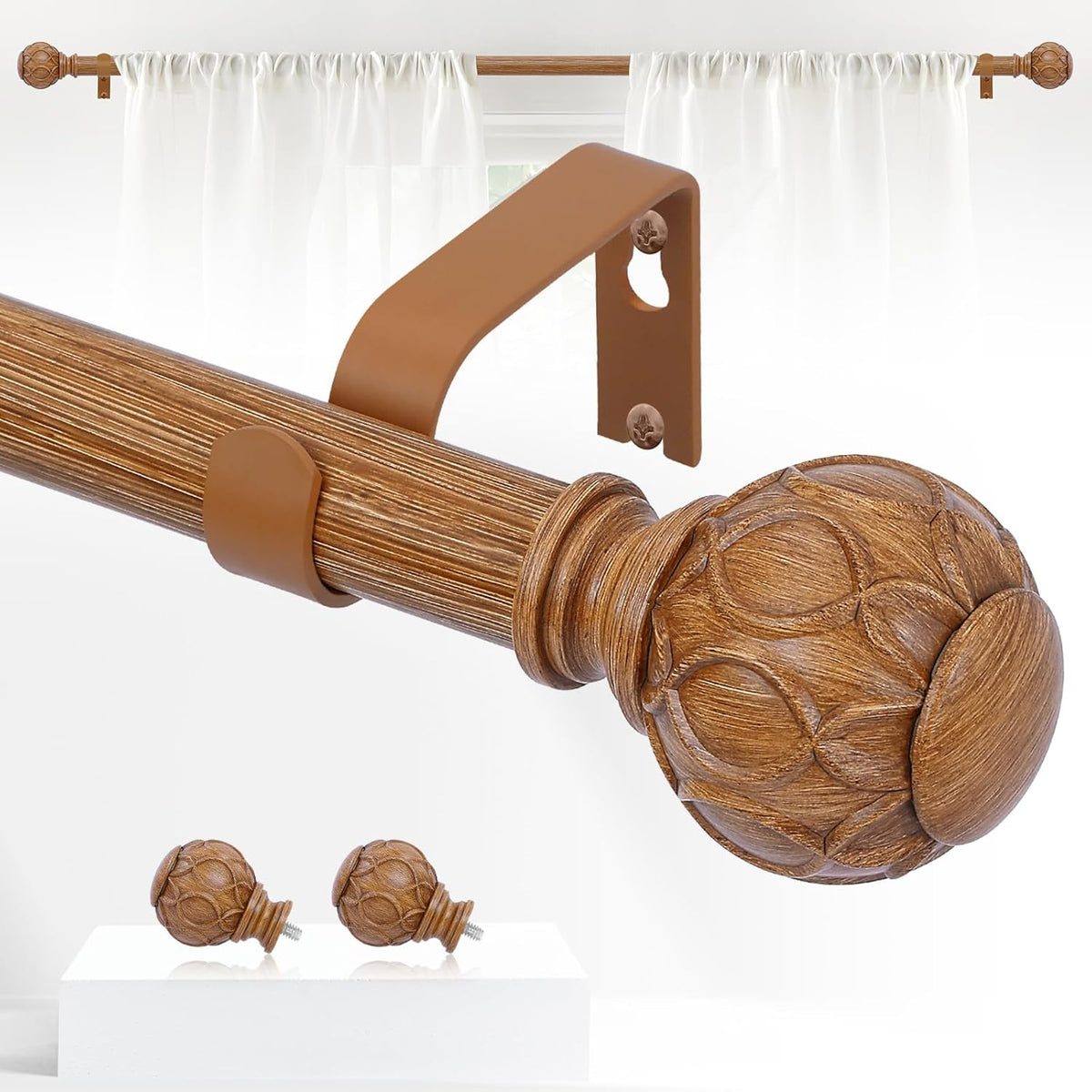 Wood Boho Curtain Rods for Windows:72-144Inch Wooden Farmhouse Curtain Rod for Bedroom Living Room,Heavy Duty Adjustable Rustic Decorative Drapery Rod with Vintage Imitation Wood Finial,Brown
