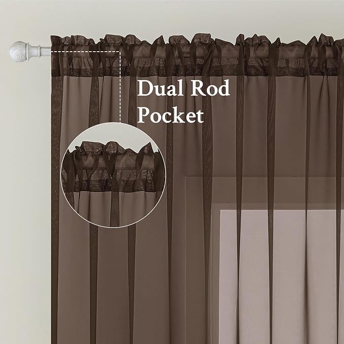 MIULEE Chocolate Brown Sheer Curtains 54 X 108 Inches, 2 Panels | Voile Drapes - Image 2
