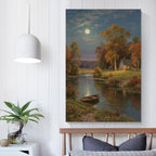Small house by the stream under the moonlight tranquil style suitable for living room bedroom and office landscape poster wall art