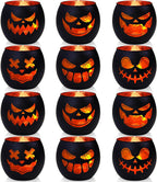 Black Halloween Table Centerpieces Candle Holders 12 PCS, Jack O Lantern Tealight Votive Candle Holders, Indoor Halloween Decorations for Mantel Coffe Table Decor