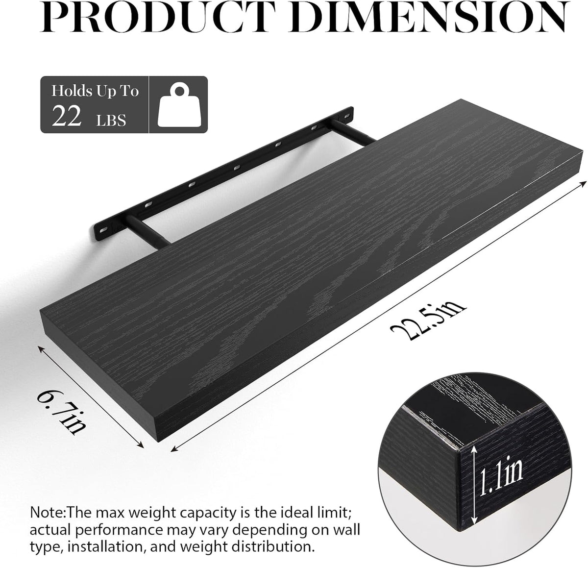 BAYKA Floating Shelves for Wall, 22.5 inches Wall Mounted Rustic Wood Shelves for Bathroom, Bedroom, Living Room, Floating Shelves for Books/Storage/Decor (Black,Set of 3)