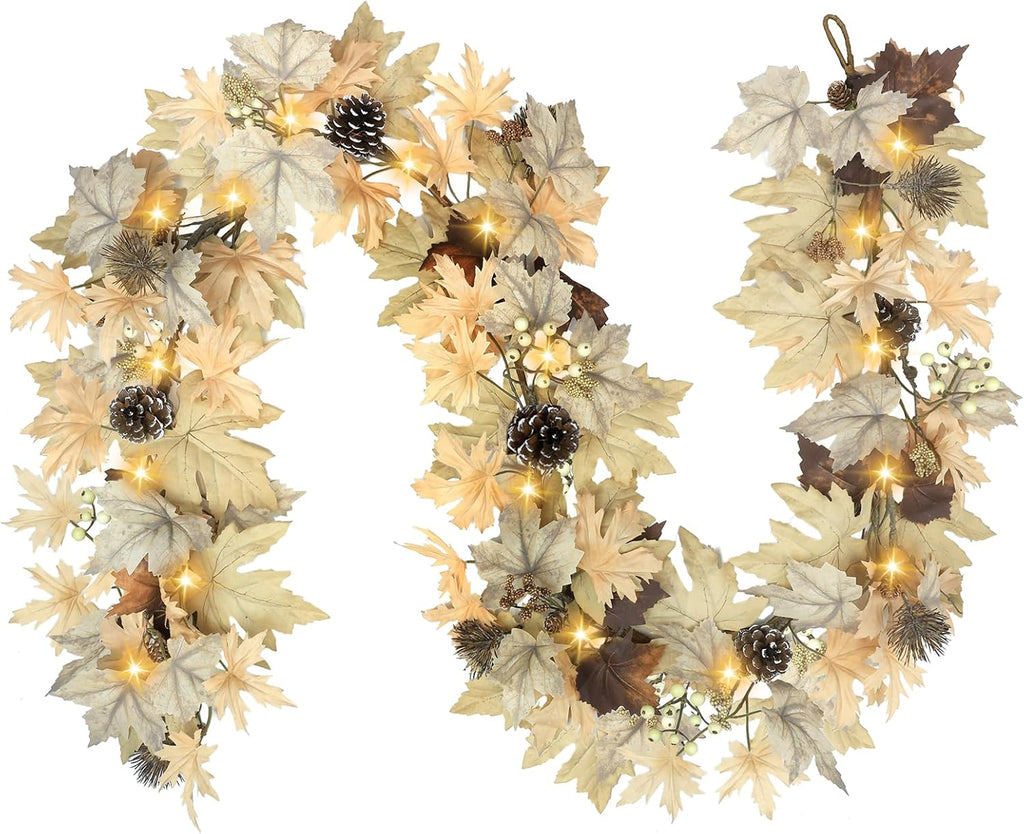 Realistic Fall Garland with Lights, 6 FT Real Touch Feel Leaves Garland with Berries Pine Cones, Fall Decorations for Home Thanksgiving Halloween Decorations Indoor Farmhouse Porch Fireplace