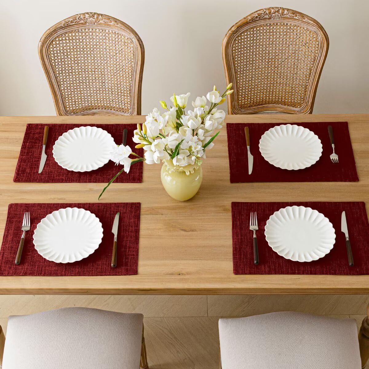 Christmas Placemats Set of 8, Bilayer Thickened Linen Place Mats Heat Resistant Machine Washable Wrinkle Free Carefully Selected Polyester Mats for Kitchen/Dining/Coffee Table (Deep Red)