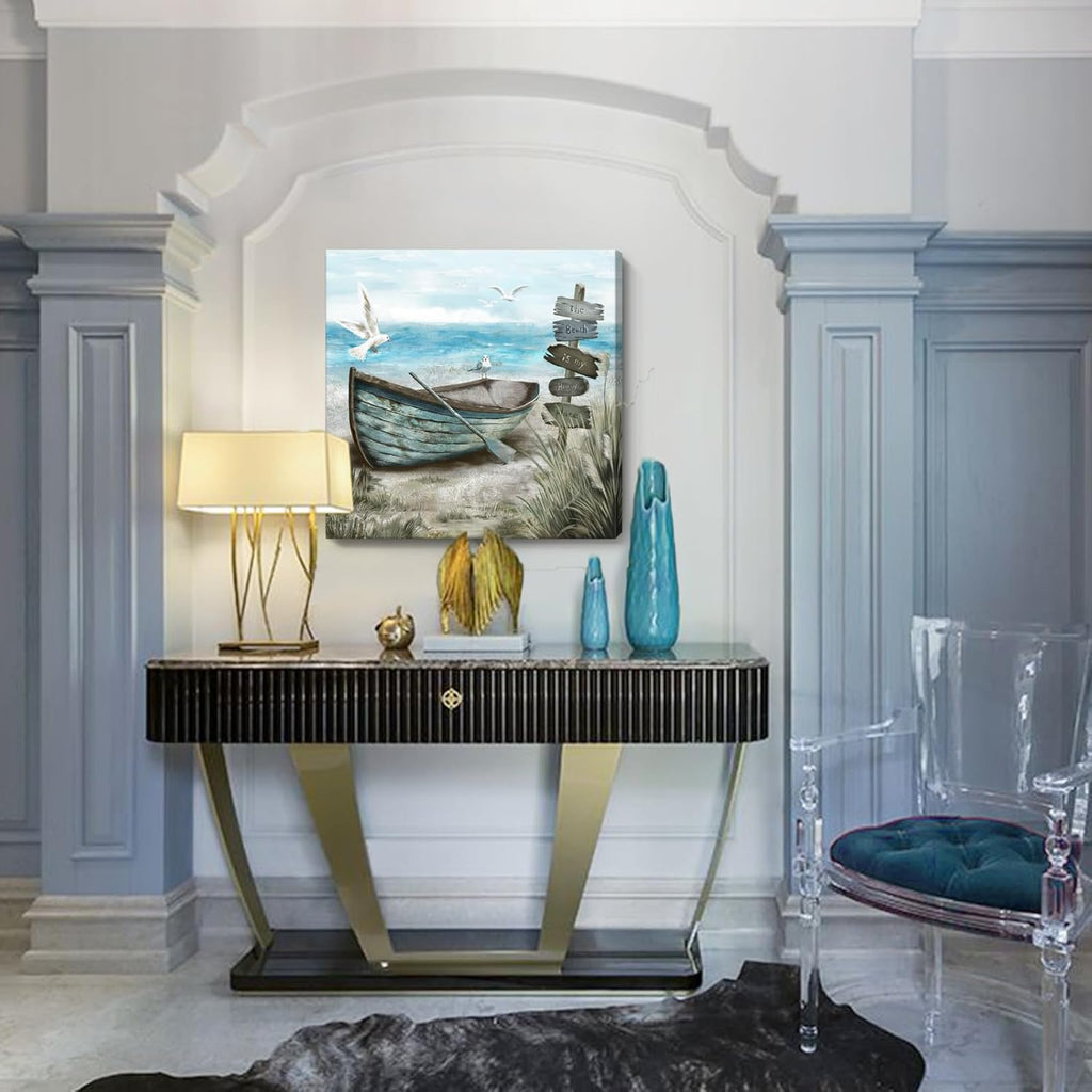 Canvas Wall Art Beach Décor Wall Picture Rustic Coastal Sand Canvas Print Ocean Nautical Painting Seascape Sea Bird Vintage Ship Boat Artwork for Seaside Living Room Bedroom Bathroom Decor Blue Large