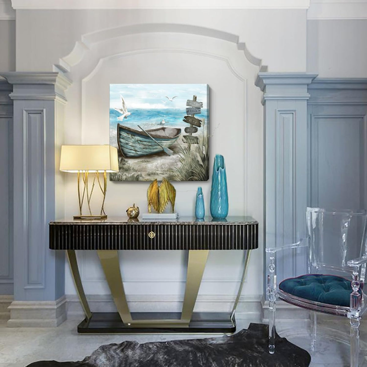 Canvas Wall Art Beach Décor Wall Picture Rustic Coastal Sand Canvas Print Ocean Nautical Painting Seascape Sea Bird Vintage Ship Boat Artwork for Seaside Living Room Bedroom Bathroom Decor Blue Large