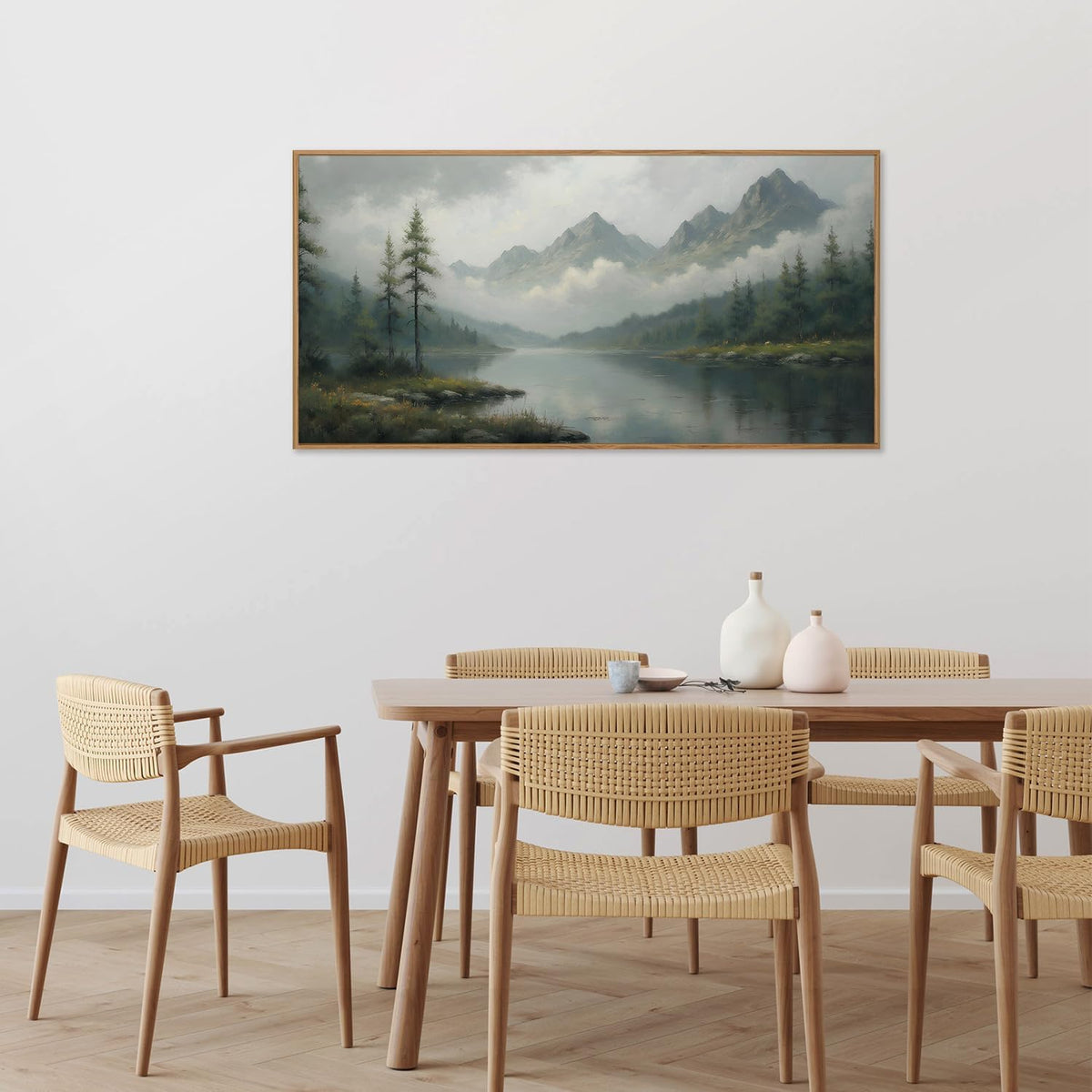 SIGNINART Large Misty Mountain Framed Canvas Wall Art, Green Forest River Scenery Wall Decor, Modern Foggy Wooden Landscape Artwork, Oil Style Nature Art Print for Living Room Bedroom Office 20"x40"