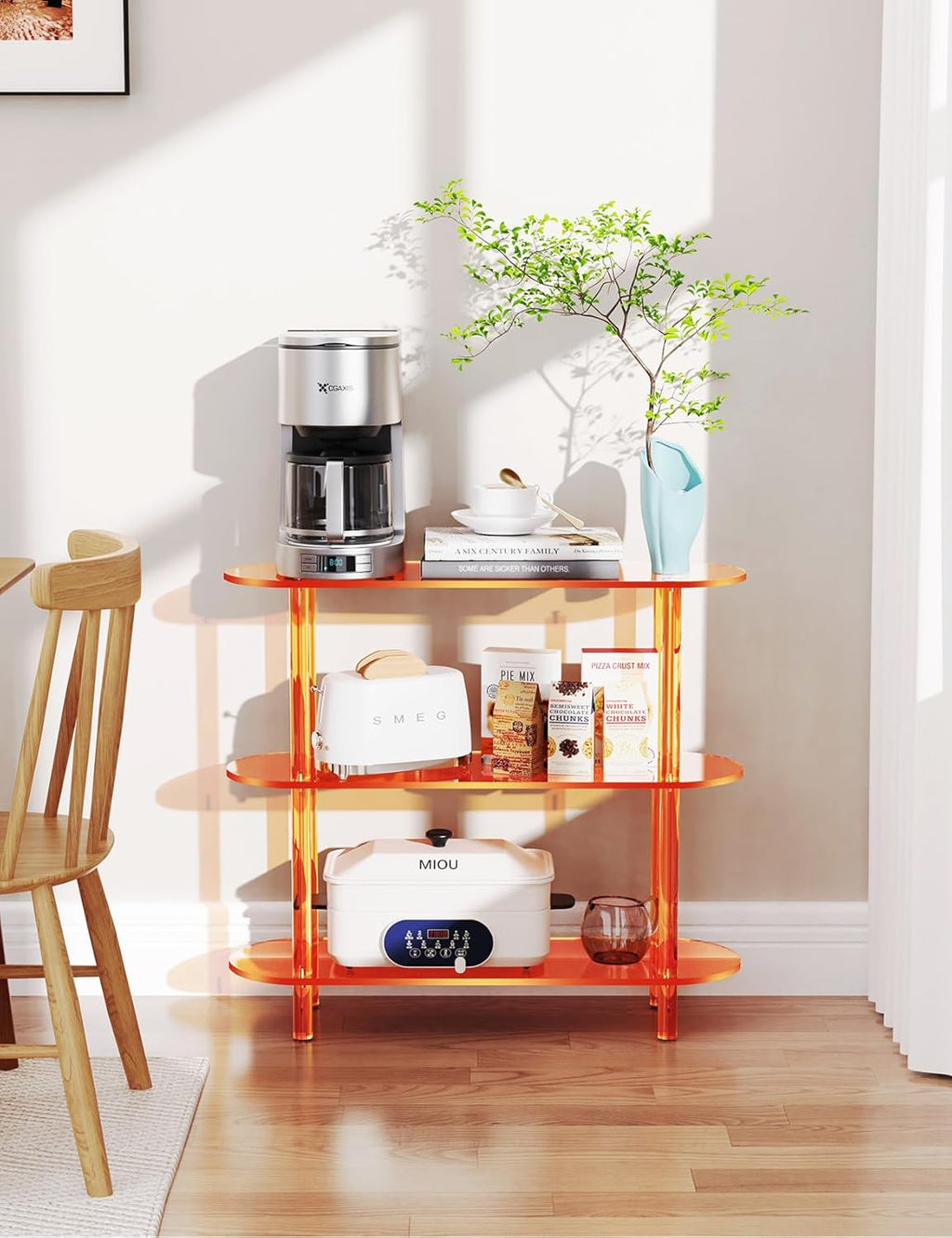 Clear Bookshelf, Acrylic Bookcase with Open Book Shelf for Office Living Room Bedroom (3 Tier Orange)