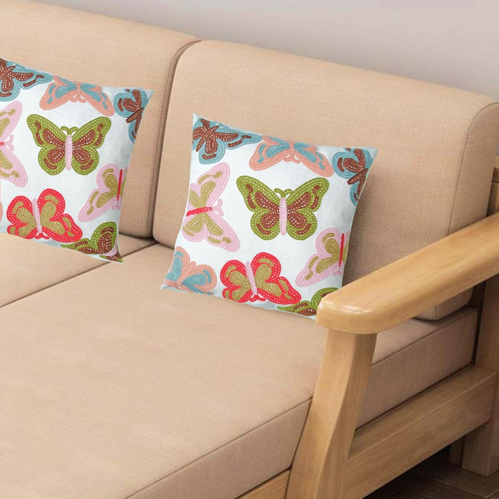 Embroidered Decorative Throw Pillow Cover, 18"x18" Set of 2, Farmhouse Pillowcase Colorful Butterfly Knit Pattern Cotton Canvas Cushion Case Square Floral Pillow Case for Sofa Couch Bed Living Room