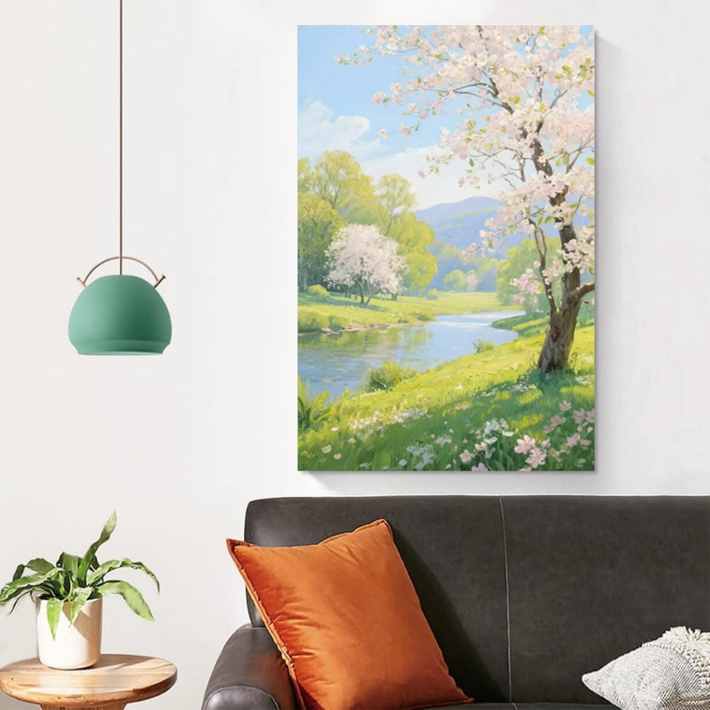 The scenery of a stream between trees and cherry blossoms under the blue sky is suitable for posting in the living room bedroom office landscape posters