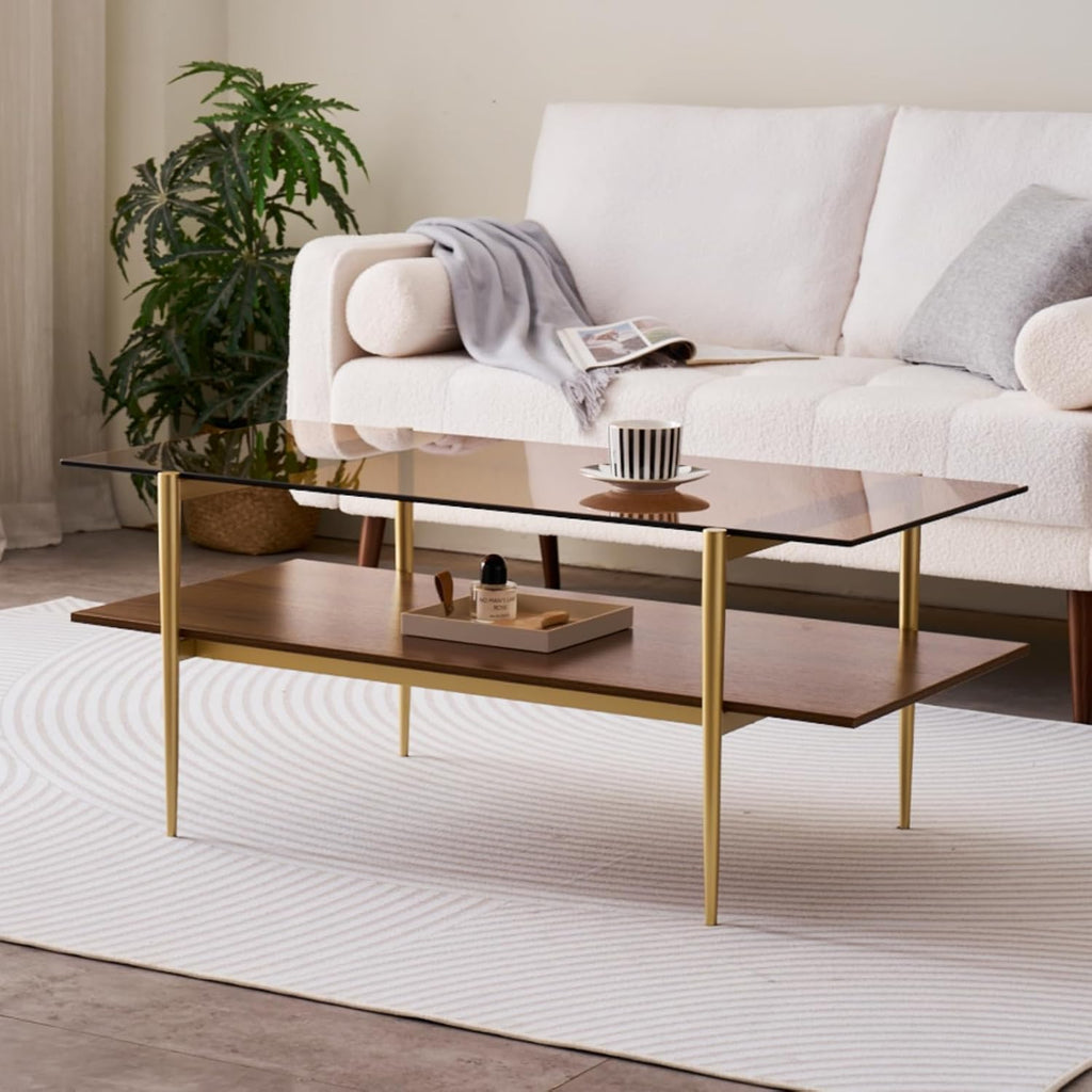 Rectangle Coffee Table, Mid-Century Modern Design, L41 W21 x H17, for Living Room, 2-Tier Structure, Amber Glass Top and Walnut MDF Shelf, Sleek Conical Metal Legs with Gold Finish