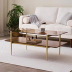 Rectangle Coffee Table, Mid-Century Modern Design, L41 W21 x H17, for Living Room, 2-Tier Structure, Amber Glass Top and Walnut MDF Shelf, Sleek Conical Metal Legs with Gold Finish
