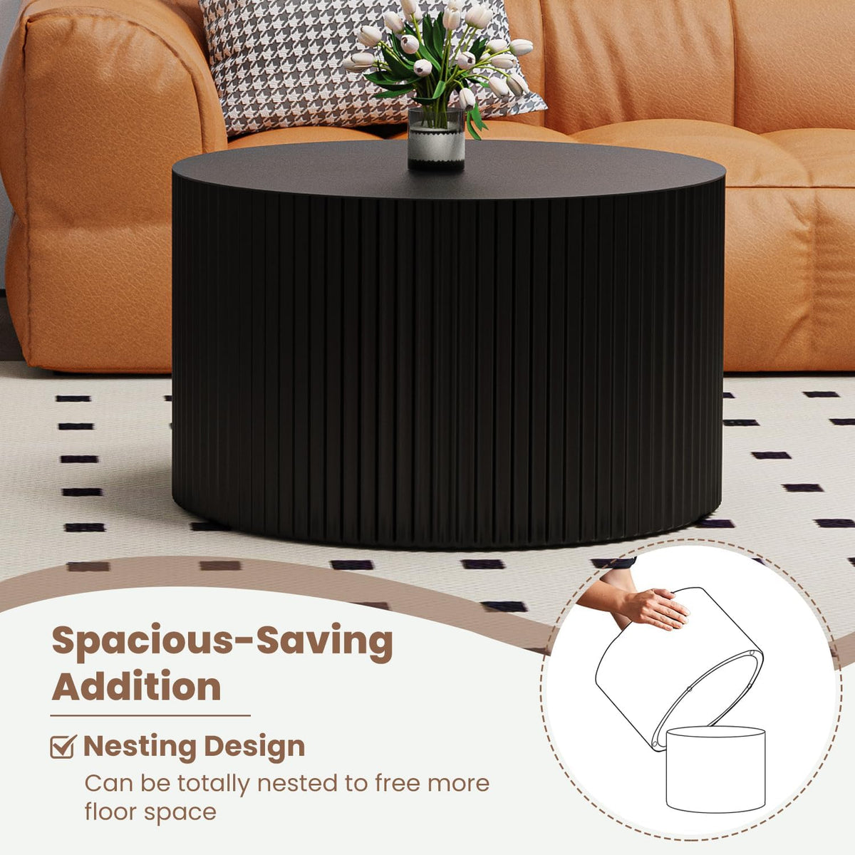 Round Nesting Coffee Table Wood Drum Nesting Tables Modern Stacking Coffee Table Set of 2 Fluted Center Table End Table for Living Room Home Office Small Spaces, No Assembling (Black Large)