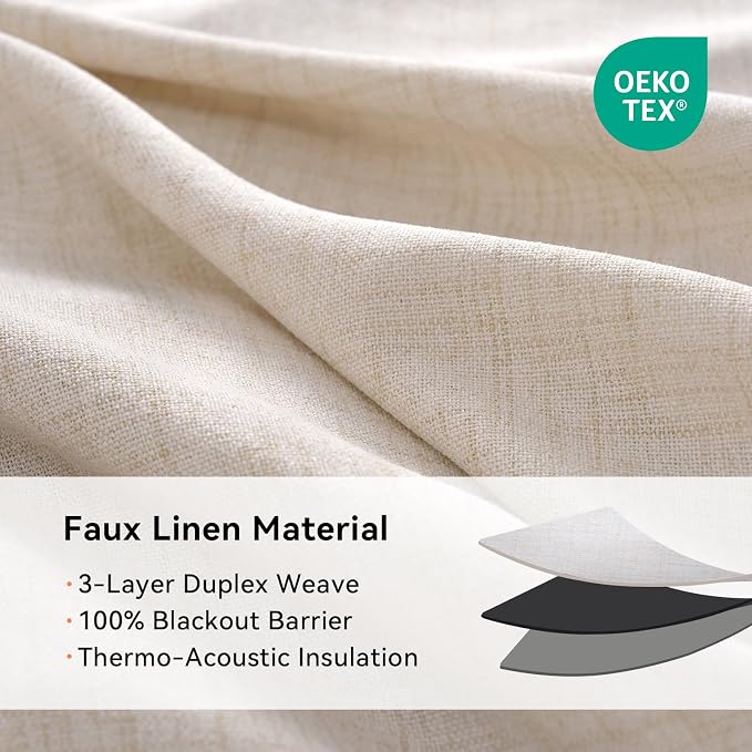 100% Blackout Linen Textured Curtains 63 Inch Long, Oatmeal | 100% Blackout - Image 4