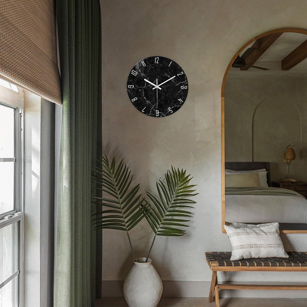 Marble Minimalist Wall Clock for Living Room Black Wall Clocks Battery Operated 20 Inch Big Glass Wall Clock Non Ticking
