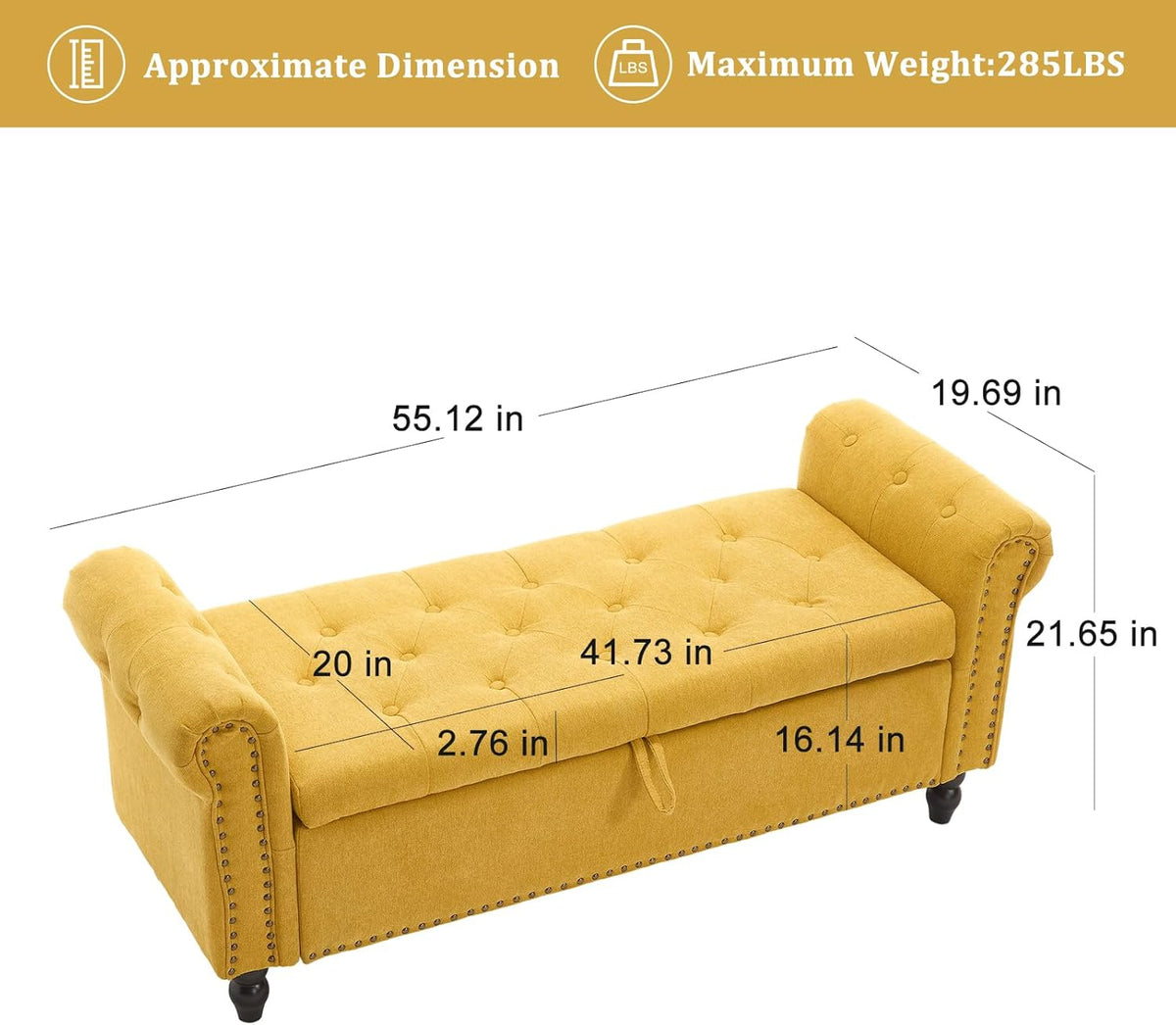Furniliving 55” End of Bed Bench, Bedroom Bench with Button-Tufted, Large Upholstered Storage Ottoman Benches Window Bench with Storage Shoe Cabinet Bench, for Bedroom, Living Room, Linen, Yellow