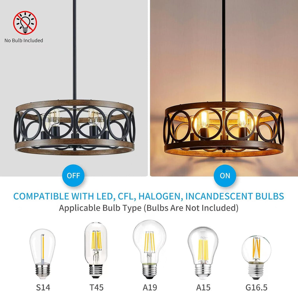 XINGQI 21.7'' Modern Chandelier, Farmhouse Drum Chandeliers for Dining Room Living Room Bedroom 5-Light Pendant Lighting Round Black Metal Antique Wood Grain Finish Adjustable