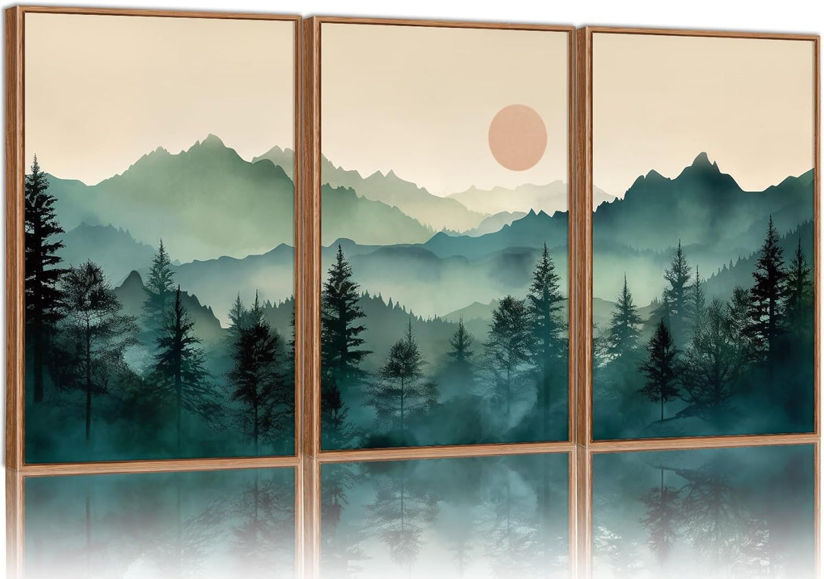 SIGNINART Large Boho Mountain Framed Canvas Wall Art Set, Nature Pine Tree Wall Painting, Abstract Foggy Forest Wall Decor, Modern Sunrise Art Prints for Bedroom Living Room and Office - 16"x24"x3