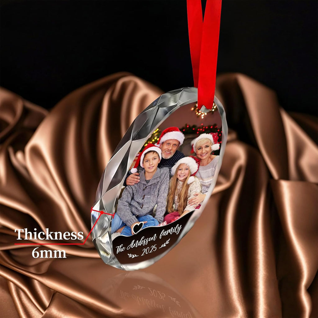 Personalized Christmas Ornaments 2025 with Photo & Text - Customized Crystal Glass Christmas Tree Decor Gifts for Family, Couples, Pets, Baby’s First Xmas – 6 Heart/Round Designs