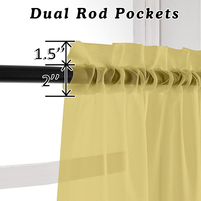 Mustard Yellow Half Window Sheer Curtains, Modern Top Dual Rod Pocket Light - Image 2