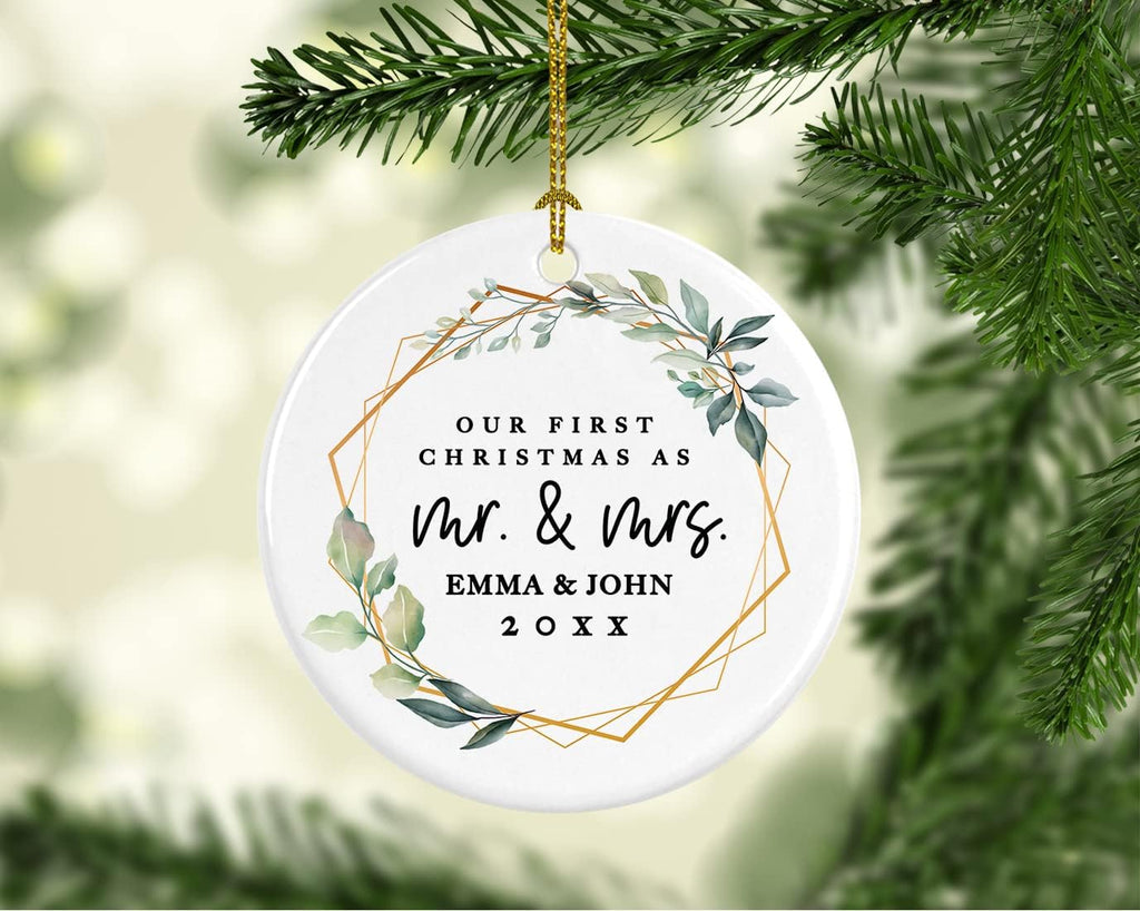 Andaz Press Personalized Our First Christmas As Mr. & Mrs. 2025 Christmas Ornaments Geometric Greenery 2.8" Round Porcelain Ceramic 1st Year Married Custom Ornament for Newlyweds Keepsake 1-Pack