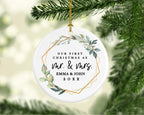 Andaz Press Personalized Our First Christmas As Mr. & Mrs. 2025 Christmas Ornaments Geometric Greenery 2.8" Round Porcelain Ceramic 1st Year Married Custom Ornament for Newlyweds Keepsake 1-Pack