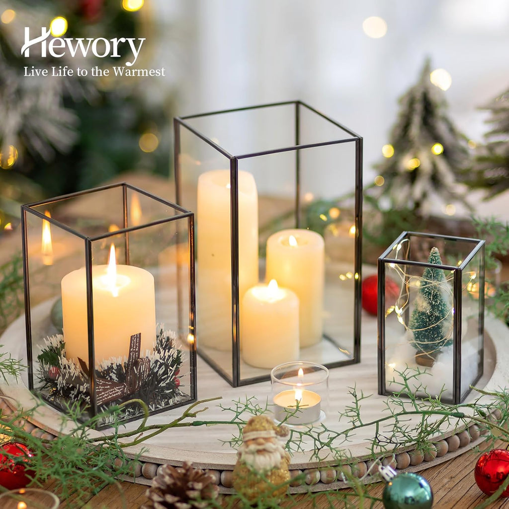 Glass Hurricane Candle Holder Large - Hewory 6pcs Black Rectangle Flower Holders Centerpiece for Table, Tall Floor Square Pillar Candle Lantern for Wedding, Anniversary, Party, Fireplace, Dining Room