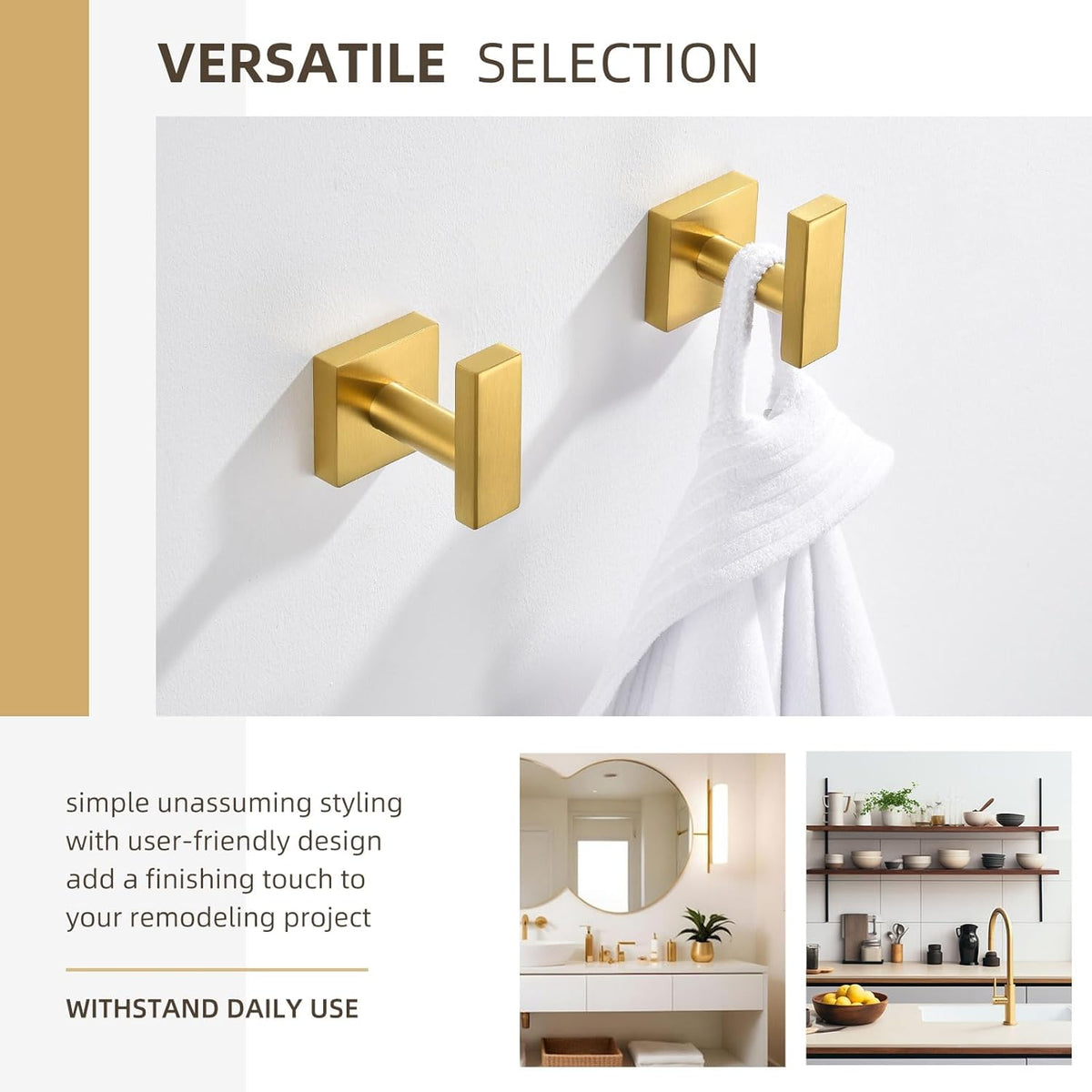 Angle Simple Towel Hooks for Bathroom, SUS 304 Stainless Steel Square Robe Coat Wall Hooks, Hand Towel Holder, Brushed Gold, 2 Pack