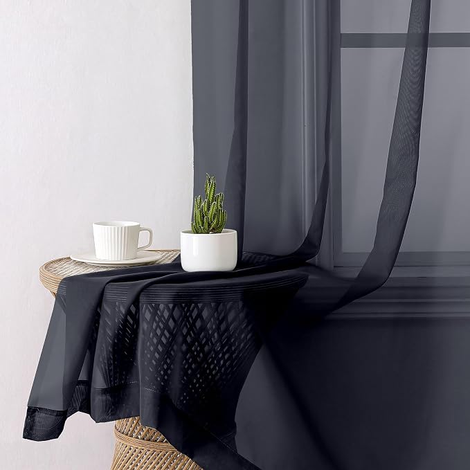 Black Sheer Curtains 68 Inch Length 2 Pcs, Light Filtering Rod Pockets Window - Image 9