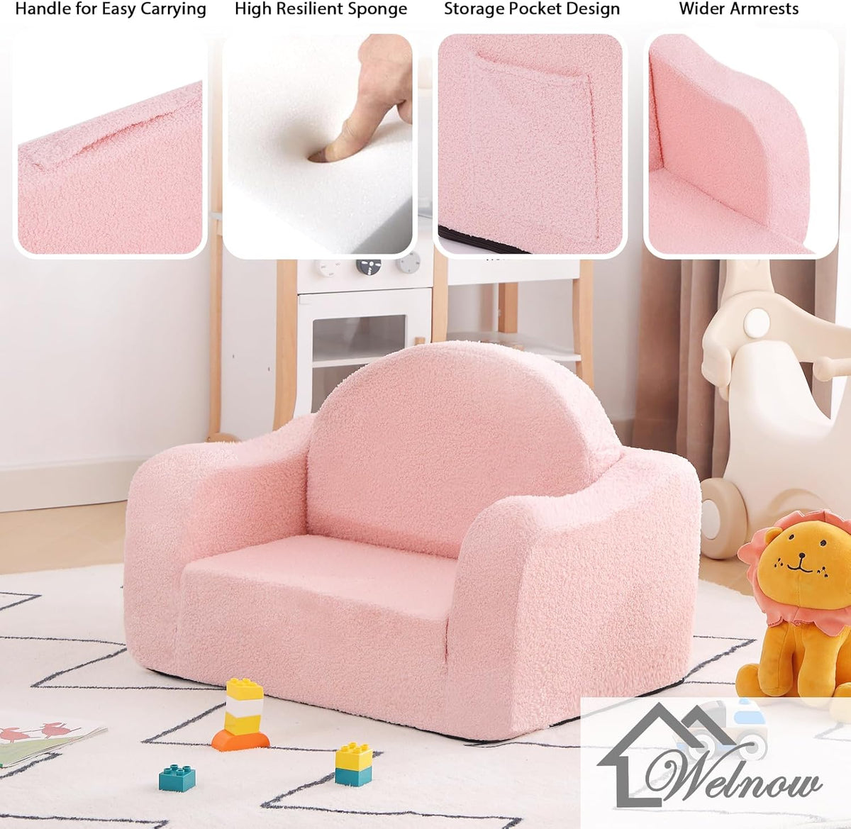 Welnow 2-in-1 Kids Sofa Chair, Convertible Toddler Chair Flip Out Children Sofa Chair with Wave Armrests Folding Kids Play Sofa with Side Pockets & Removable Cover Armchair for Girl or Boy