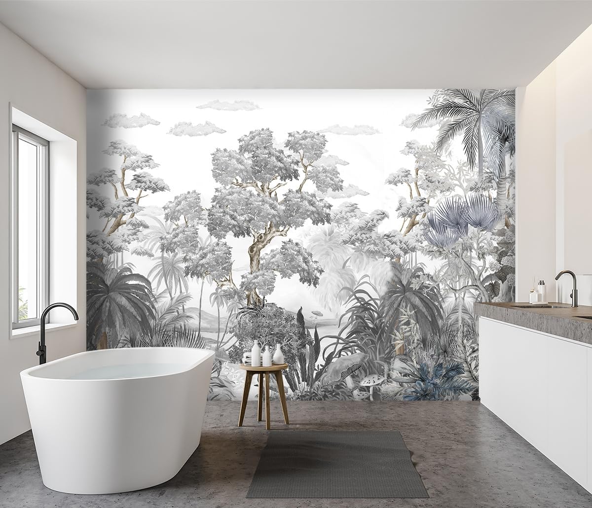 -Tropical Rainforest Botanical Grey Jungle Forest Fabric Wallpaper Living Room Palm Leaf Plant Bedroom Bathroom Large Wall Mural- 160"x108"（ not Peel and Stick）