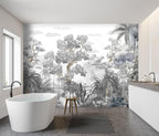 -Tropical Rainforest Botanical Grey Jungle Forest Fabric Wallpaper Living Room Palm Leaf Plant Bedroom Bathroom Large Wall Mural- 183"x120"（ not Peel and Stick）