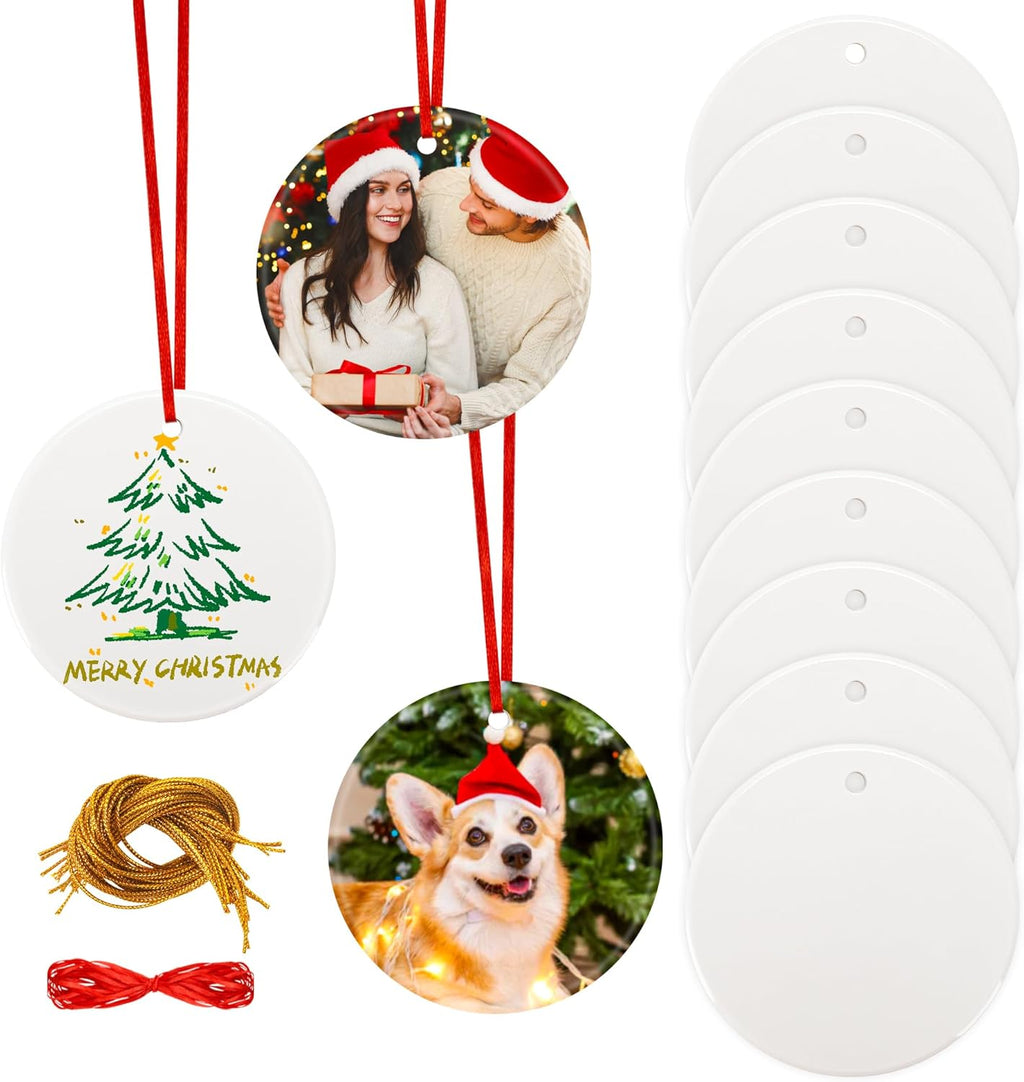 Joyclub 12 PCS 3'' Sublimation Ornament Blanks Ceramic Sublimation Christmas Ornaments Bulk Round White Ornaments for Personalized Xmas Tree Ornament Home Decor Heat Transfer DIY Crafts