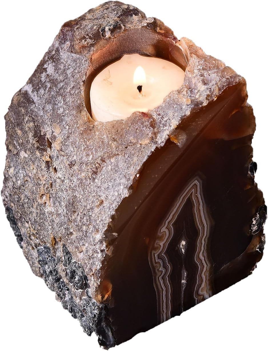 AMOYSTONE Agate Candle Holder Multi-Functional Décor 1-1.5lb Pillar Candles & Makeup Brush Storage | Irregular Half-Cut Design | Meditation Desk Accent | Spiritual Starter Gift