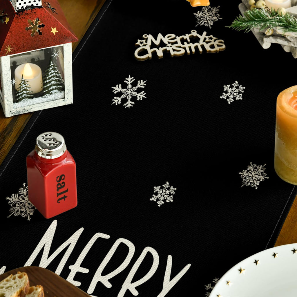 Artoid Mode Xmas Trees Snowflakes Black Merry Christmas Table Runner, Winter Seasonal Kitchen Dining Table Decoration for Home Party Decor 13x60 Inch