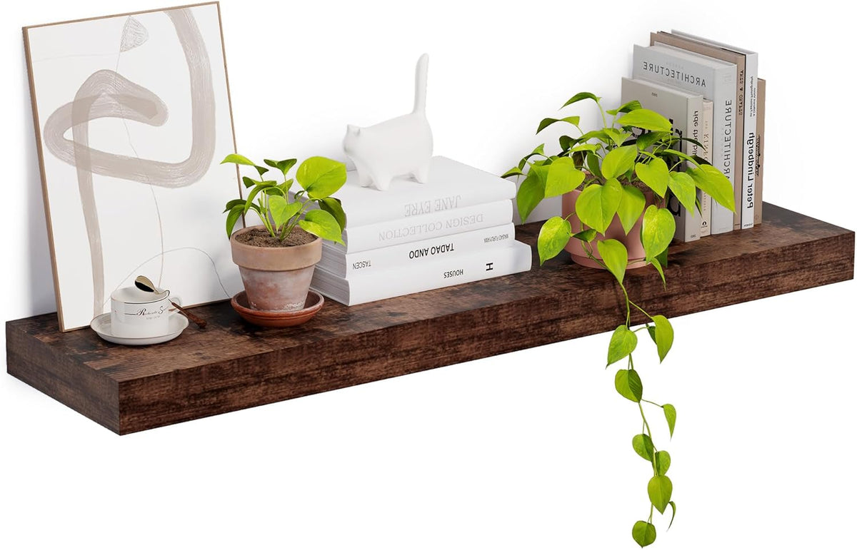 Heimlove 12 Inch Deep Floating Shelves, 48 x 12 inches Long, Large Display & Storage Shelf, Rustic Wood Wall Shelves for Fireplace Mantel, Set of 1(Rustic Brown)