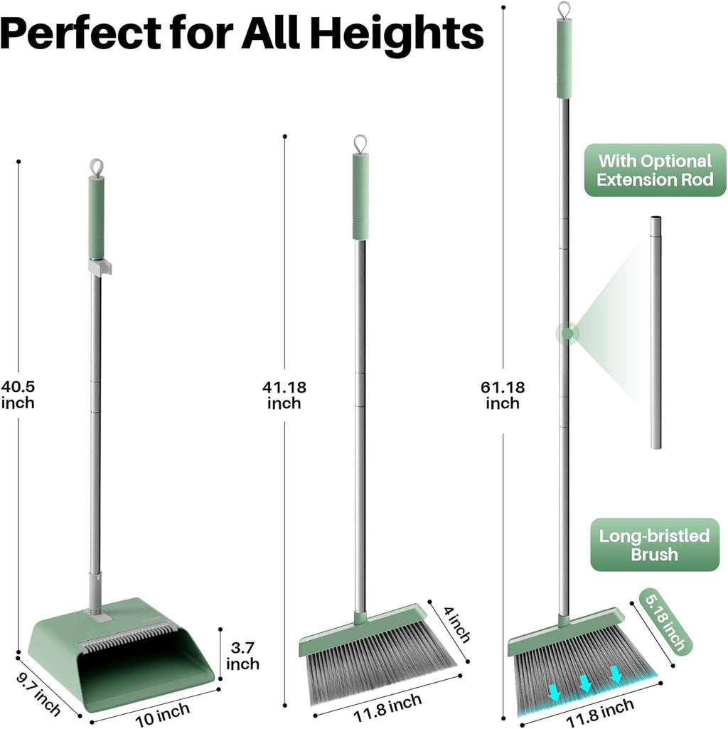 JOYMOOP Dark Teal Green Broom and Dustpan Set with 56” Handle, Upright Angle with Comb Teeth for Pet Hair and Hardwood Floors