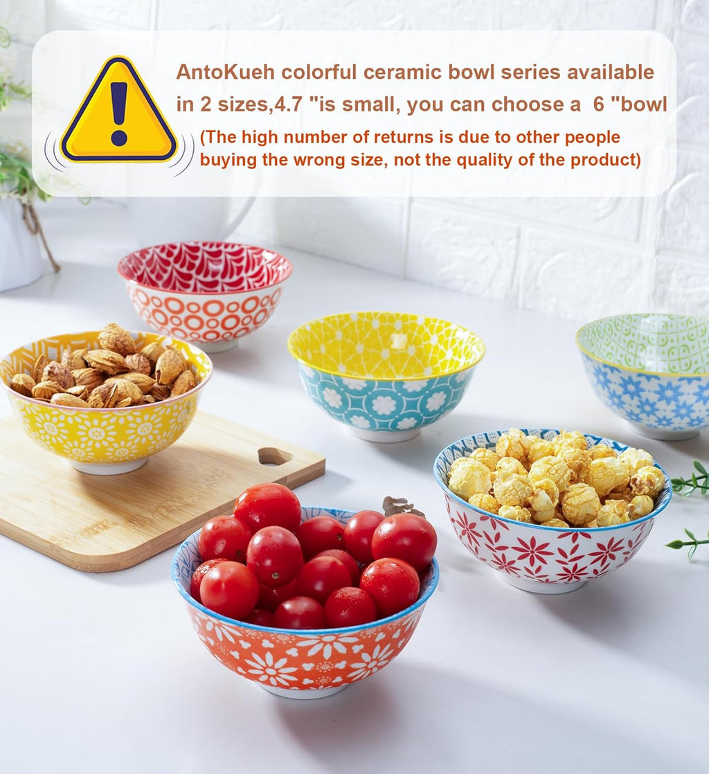 Colorful Ceramic Bowls 10oz, 4.7in small cereal bowl Set of 6 for ice cream, Dessert, Porcelain bowl for Dipping, Sauce, Dishwasher/Microwave safe