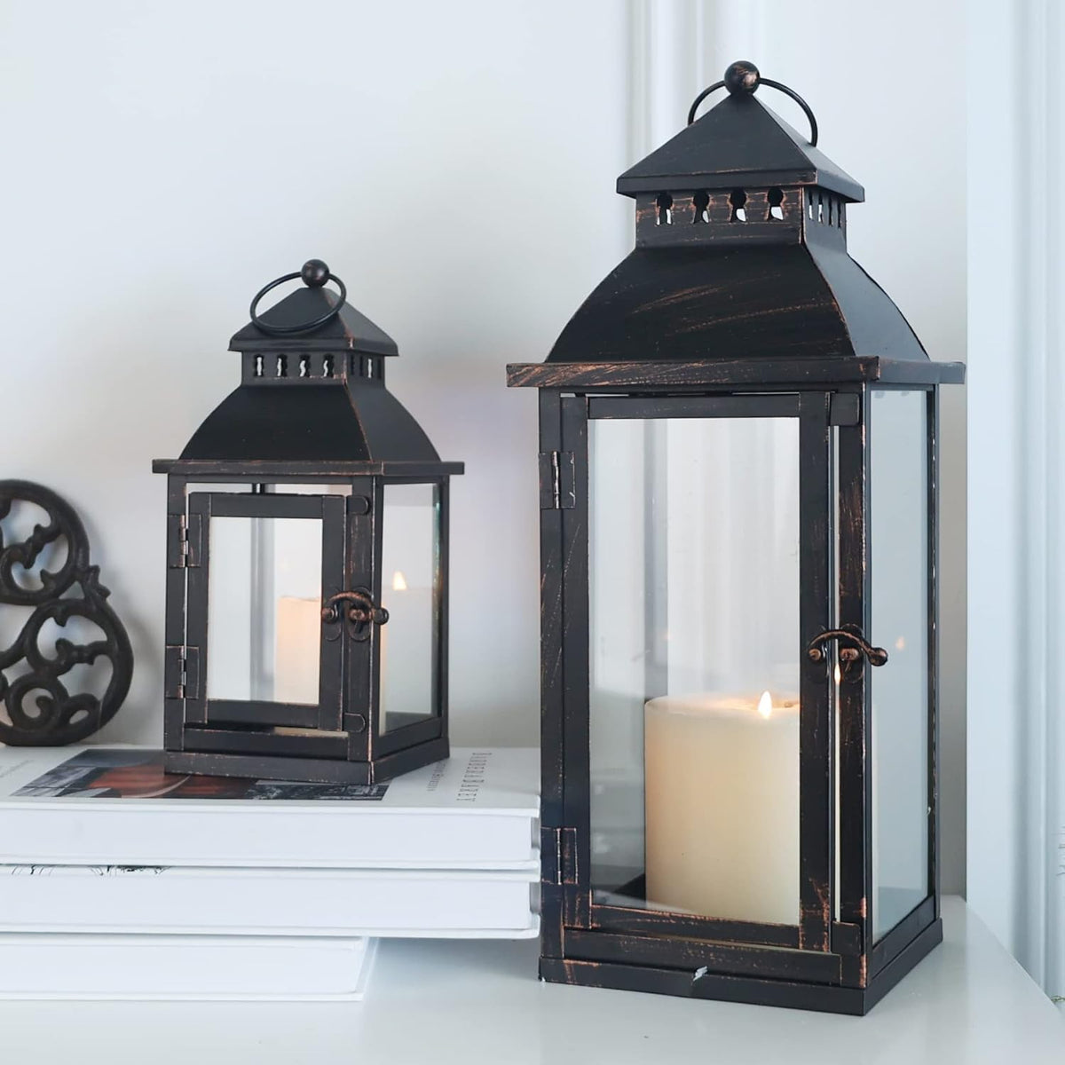 NEEDOMO Lanterns Decorative Outdoor&Indoor, Set of 2 Large Bronze Metal Lantern Decor with Glass, Candle Holder for Porch, Patio, Garden, Balcony, Wedding, Table Centerpiece Decorations